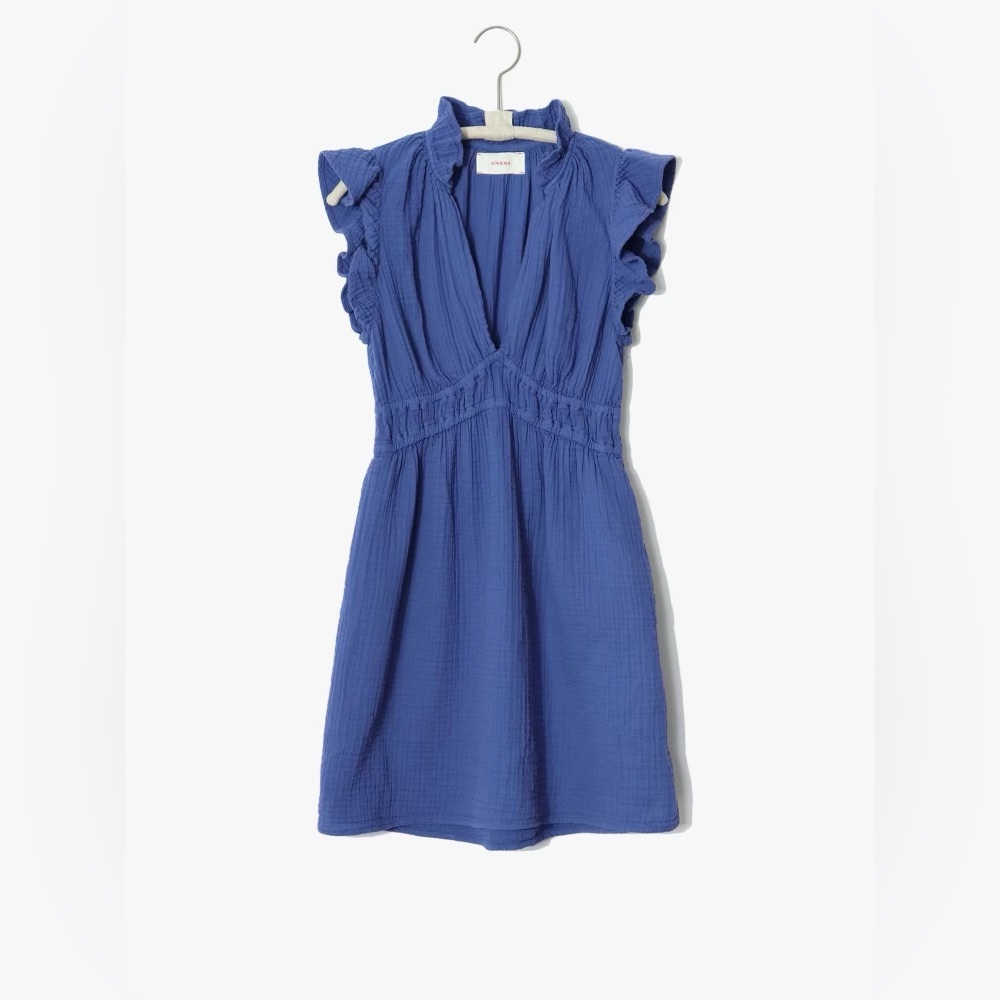 XIRENA Dress Women’s Large 100% Cotton Kenna Dress in Blue Billow Ruffled Tiered